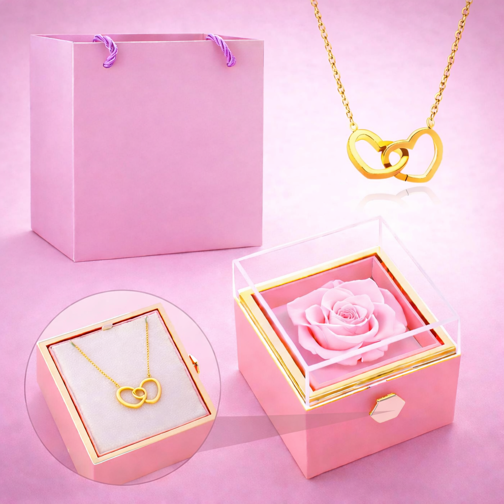 Boîte rotative avec rose éternelle - collier double cœur personnalisé