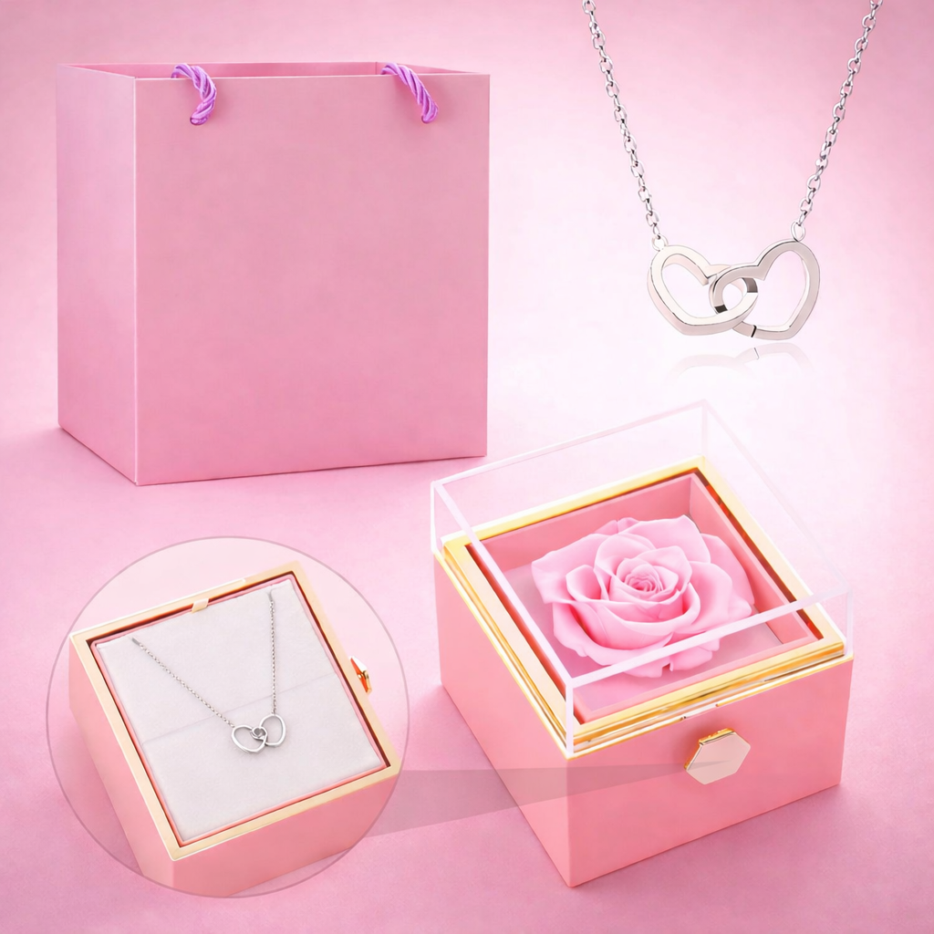 Boîte rotative avec rose éternelle - collier double cœur personnalisé