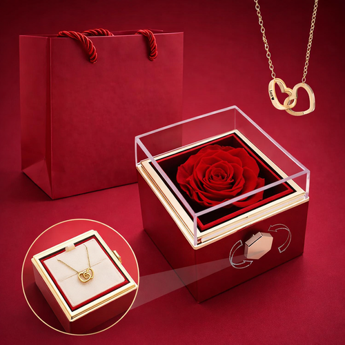 Boîte rotative avec rose éternelle - collier double cœur personnalisé