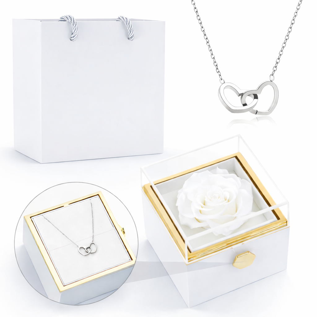 Boîte rotative avec rose éternelle - collier double cœur personnalisé