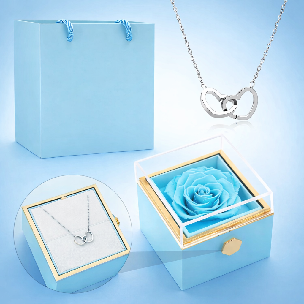 Boîte rotative avec rose éternelle - collier double cœur personnalisé