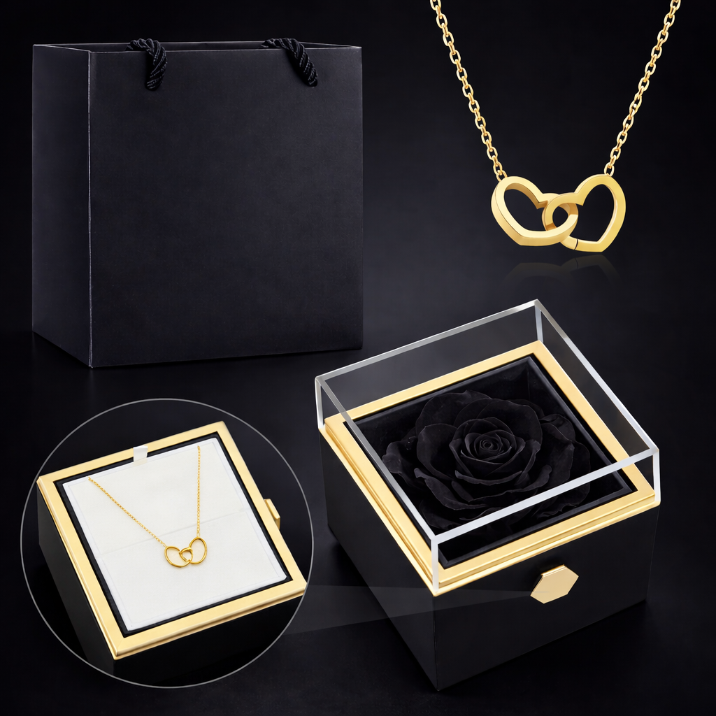 Boîte rotative avec rose éternelle - collier double cœur personnalisé