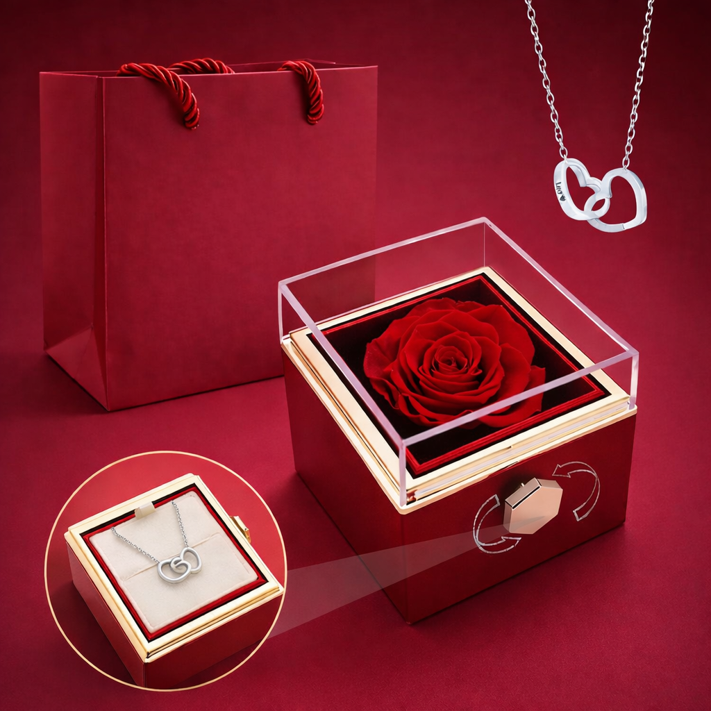 Boîte rotative avec rose éternelle - collier double cœur personnalisé