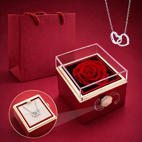Boîte rotative avec rose éternelle - collier double cœur personnalisé