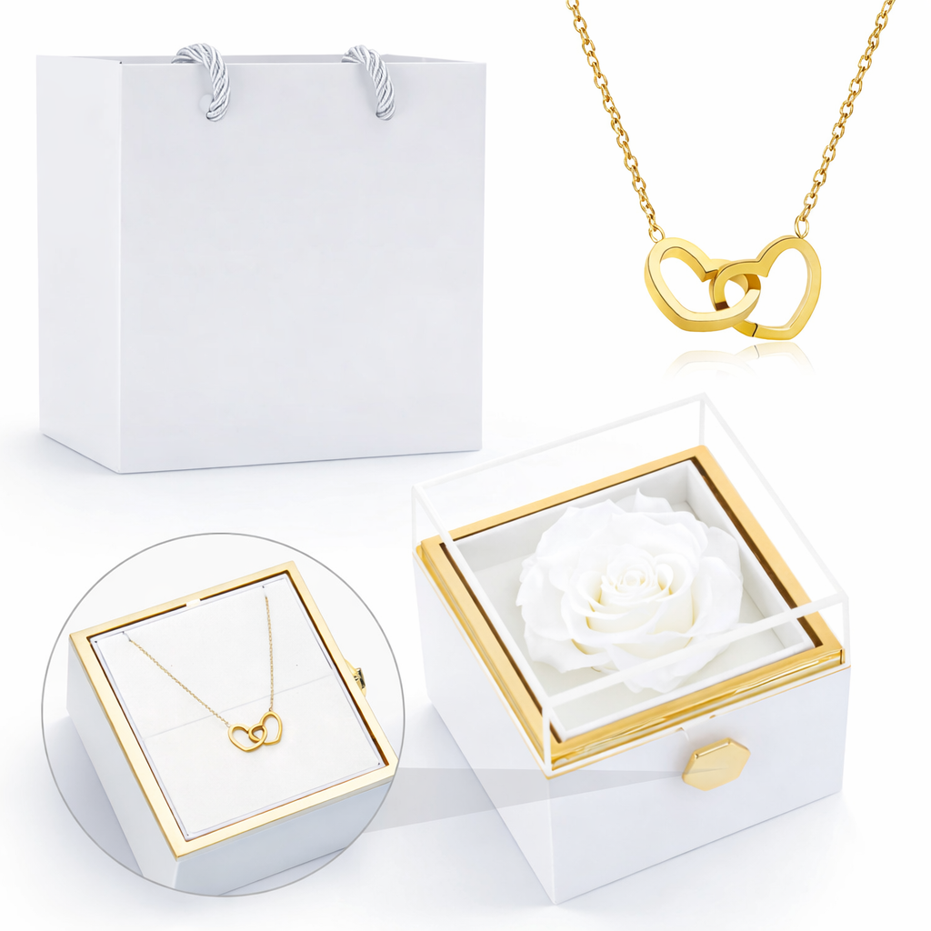 Boîte rotative avec rose éternelle - collier double cœur personnalisé