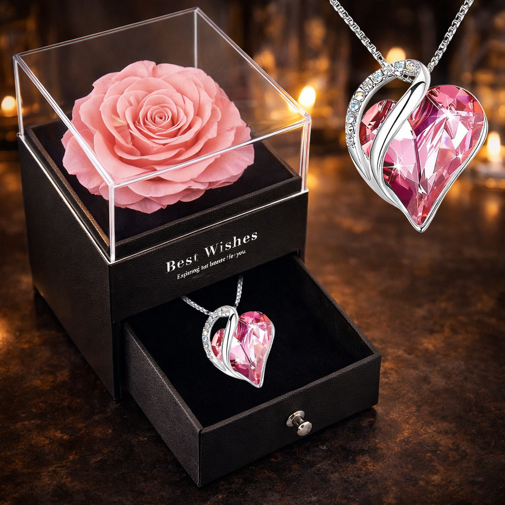 Boîte cadeau avec rose éternelle - collier