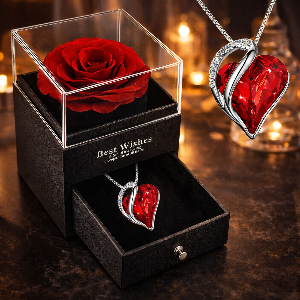 Boîte cadeau avec rose éternelle - collier